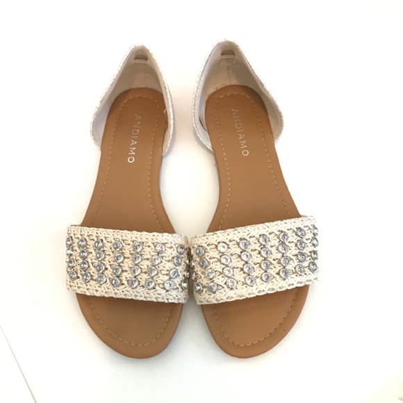 ANDIAMO Sandals Slip On Flats Rhinestone Cream Acaine Women’s Size 7 - Picture 2 of 15